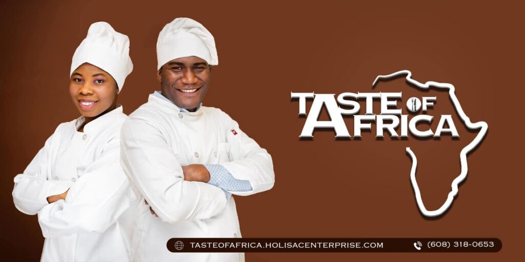 Two chefs in white uniforms and hats stand with folded arms against a brown background featuring the text "Taste of Africa" and a map outline of Africa. Contact details are displayed below.