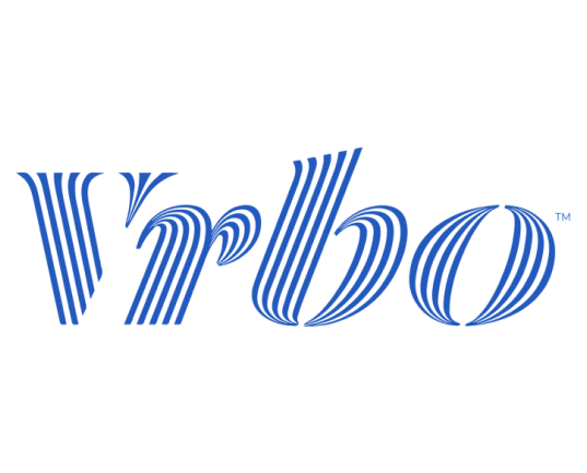 The image shows the Vrbo logo in blue, with text stylized in a wavy pattern.