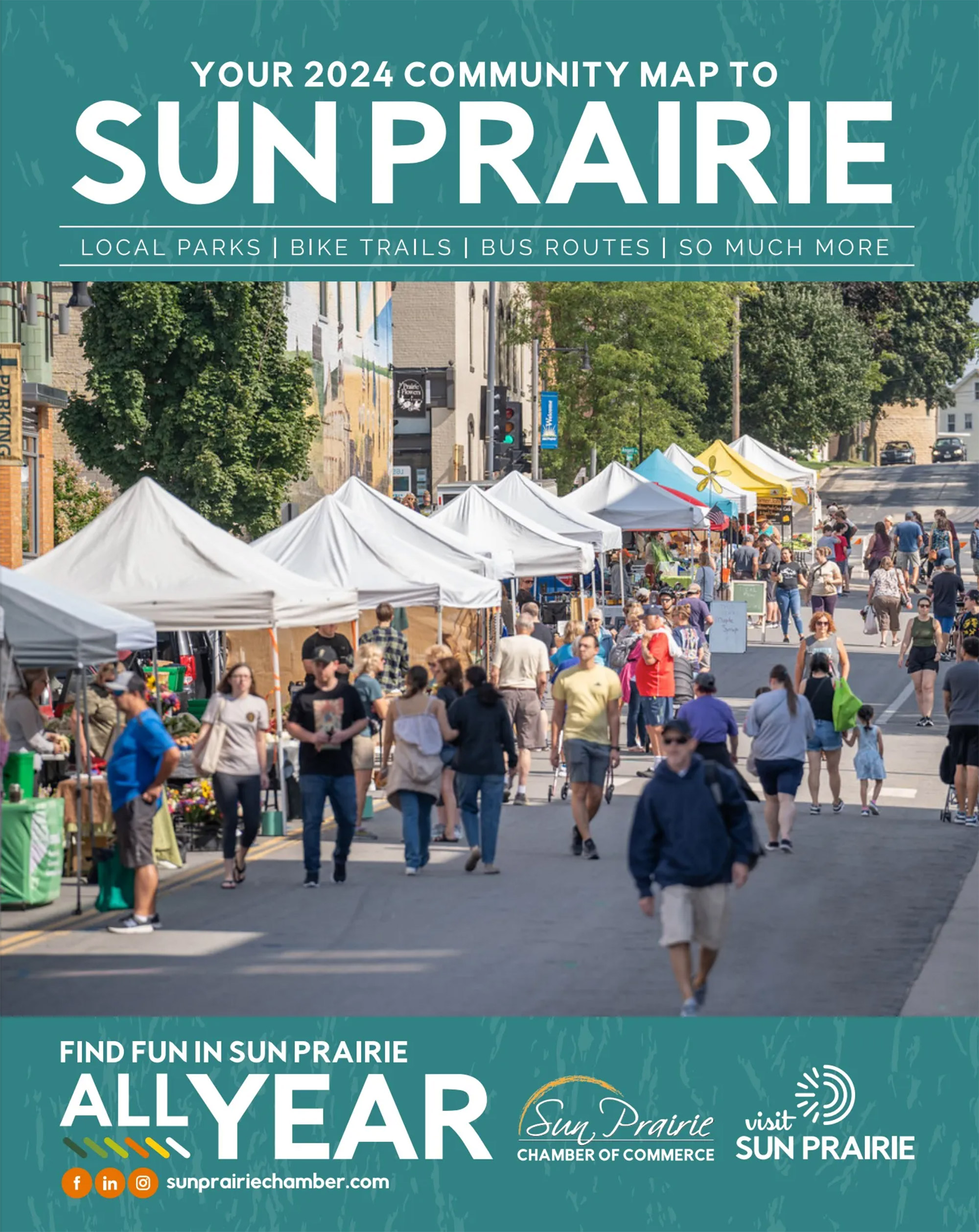 People walk along a street lined with white tents and vendors during a community event in Sun Prairie. The image promotes the 2024 community map, highlighting parks, bike trails, and bus routes.