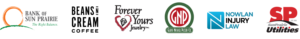 A row of six business logos, including a bank, coffee shop, jewelry store, pizza restaurant, law firm, and utility company, each with distinct designs and colors.