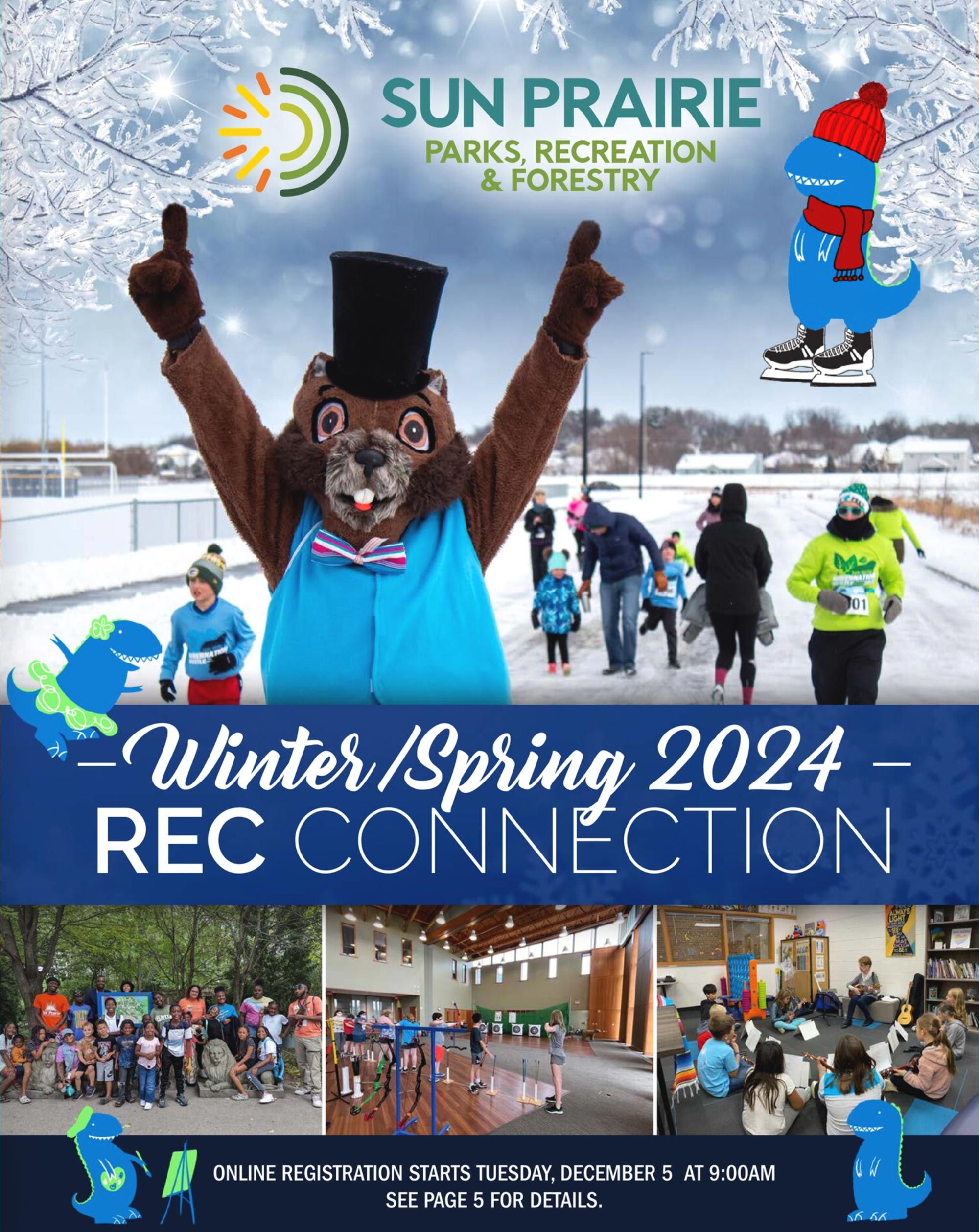 A costumed person in a top hat leads a group of runners on a snowy path. The poster advertises Winter/Spring 2024 events by Sun Prairie Parks, Recreation & Forestry.