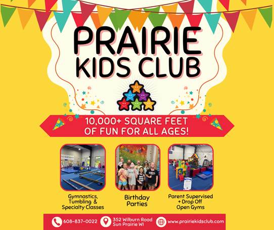 Prairie Kids Club promotional image featuring fun banners, contact information, and highlights of gymnastics classes, birthday parties, and parent-supervised open gyms for all ages.