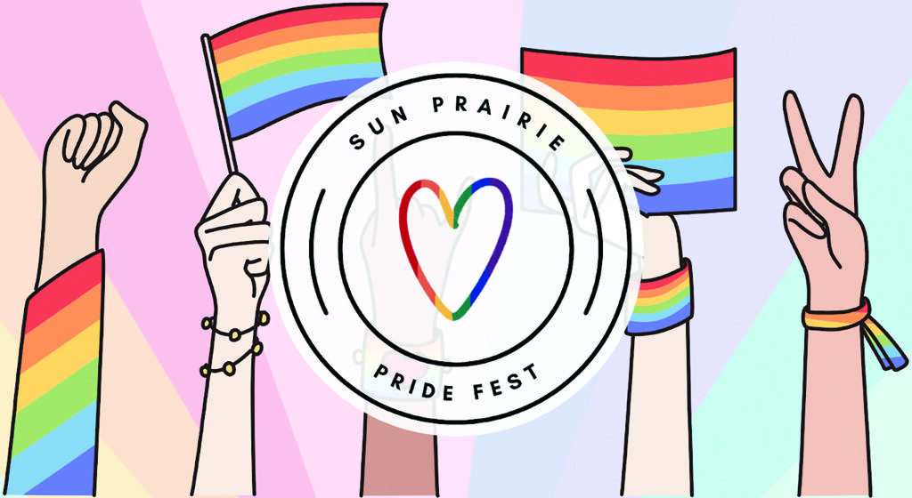 Illustration featuring hands with rainbow accessories and flags, surrounding a circular logo with a heart that reads "Sun Prairie Pride Fest.