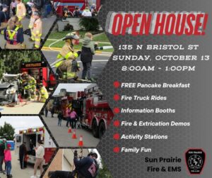 Open House flyer: Event on Sunday, October 13, 8 AM-1 PM at 135 N Bristol St. Features free breakfast, fire truck rides, demos, activity stations. Hosted by Sun Prairie Fire & EMS.