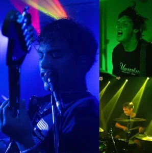 Three images of musicians performing: a guitarist and vocalist in blue lighting, another vocalist in green lighting, and a drummer in yellow lighting on stage.