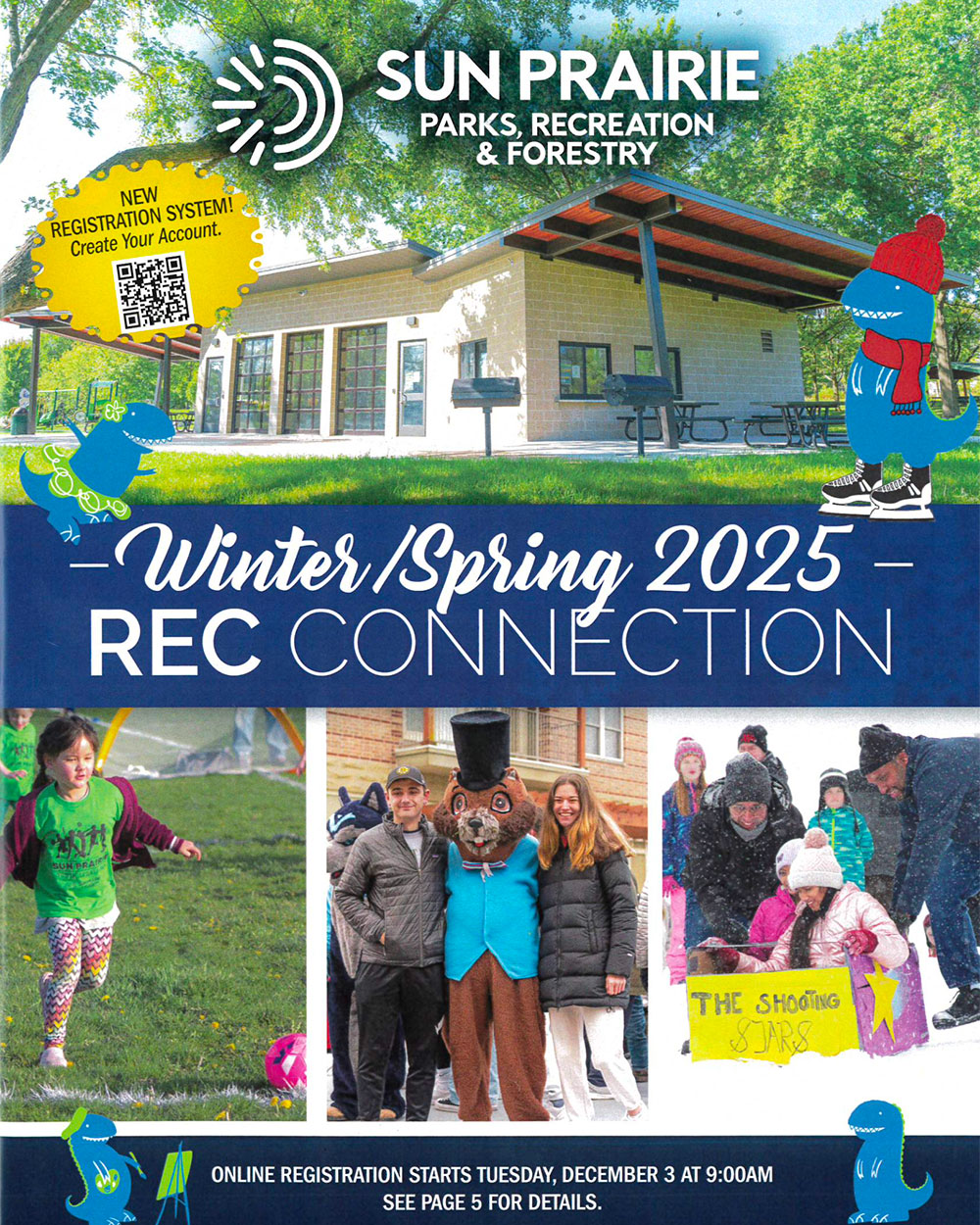 A poster for Sun Prairie Parks, Recreation & Forestry, featuring winter/spring 2025 activities and a photo collage of people enjoying outdoor events. Registration details included.