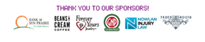 Logos of event sponsors: Bank of Sun Prairie, Beans ‘n Cream Coffee, Forever Yours Jewelry, City of Sun Prairie, Nowlan Injury Law, and Faded Roots.