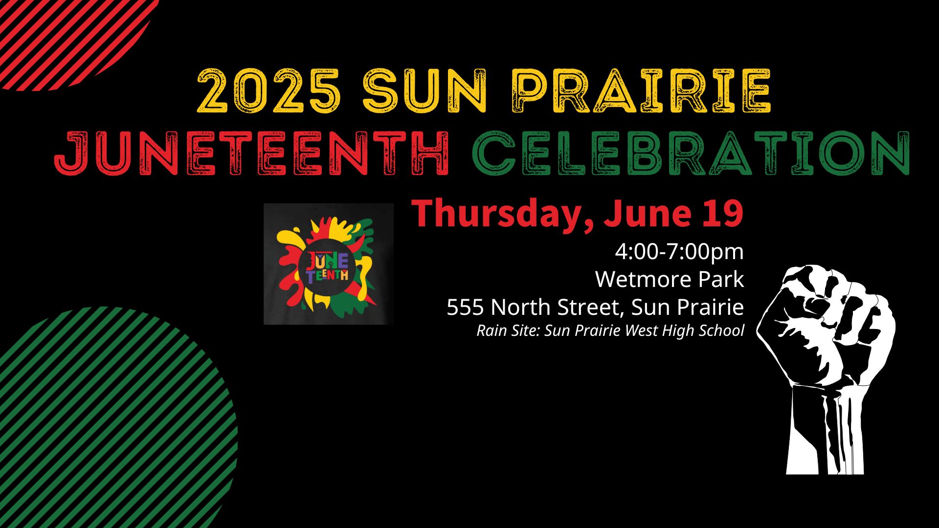 2025 Sun Prairie Juneteenth Celebration event details, with date, time, location, and colorful Juneteenth-themed graphics on a black background.
