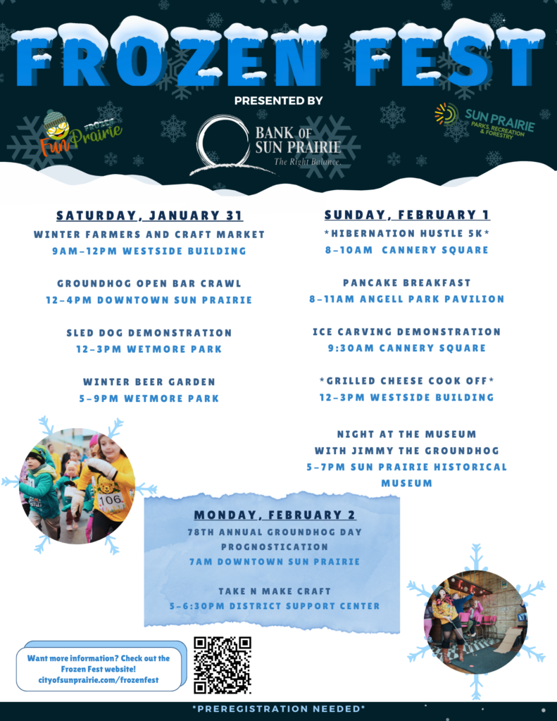 Event poster for "Frozen Fest" in Sun Prairie, listing activities from Jan 31 to Feb 2, 2015, including markets, ice carving, a 5K, and other community events.