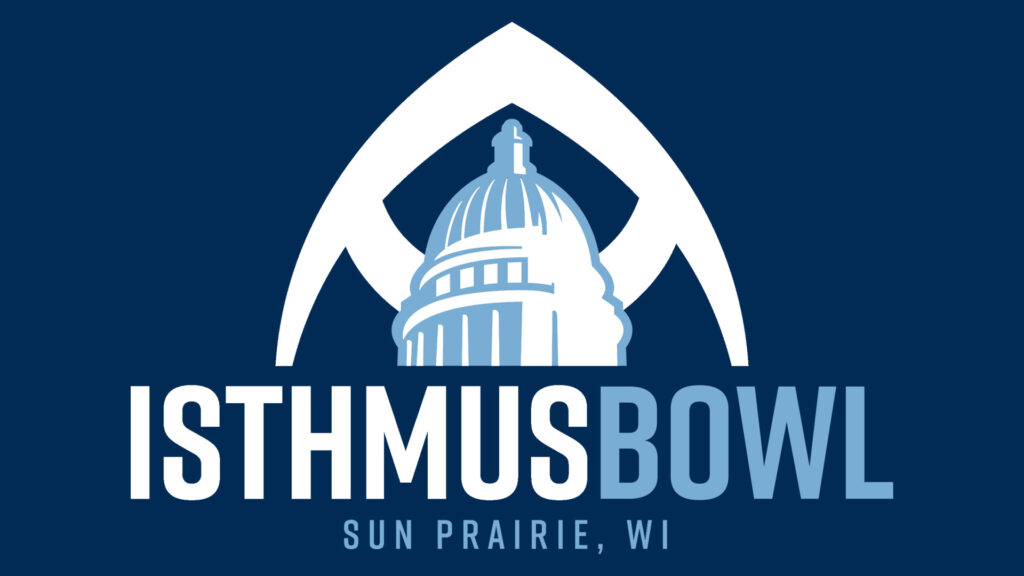 Isthmus Bowl logo with an illustration of a domed building, stylized arch, and text reading "Isthmus Bowl, Sun Prairie, WI" on a dark blue background.