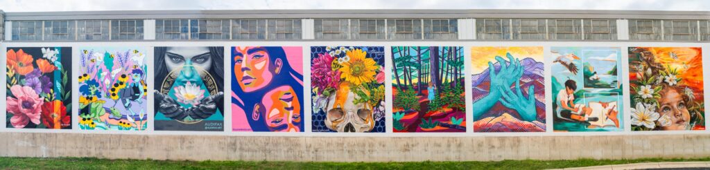 A row of colorful murals on a long wall, each depicting different subjects including flowers, faces, animals, and nature scenes.