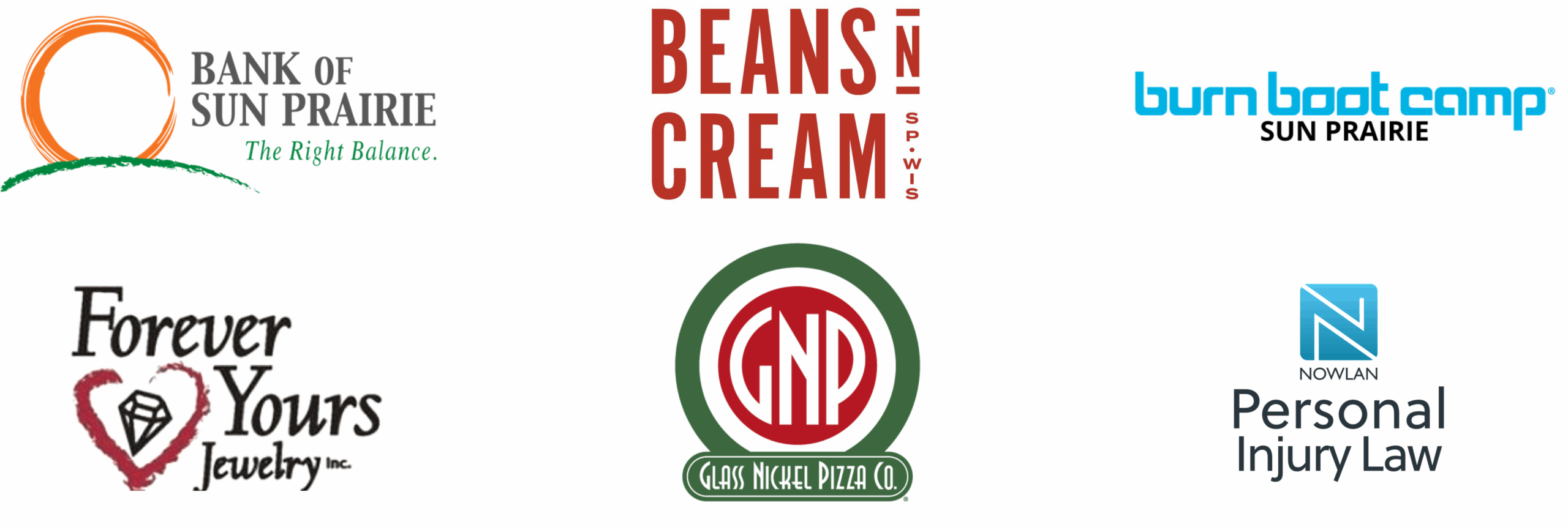 Six business logos displayed: Bank of Sun Prairie, Beans n Cream, Burn Boot Camp Sun Prairie, Forever Yours Jewelry, Glass Nickel Pizza Co., and Nowlan Personal Injury Law.
