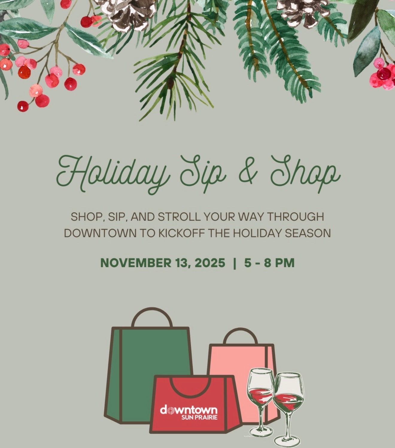 Event flyer for "Holiday Sip & Shop" on November 13, 2025, from 5-8 PM, featuring shopping bags, wine glasses, and holiday-themed decorations.