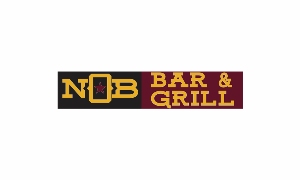 Logo for "NOB Bar & Grill" with yellow and maroon text on black and maroon background blocks; the "O" in "NOB" contains a red star.