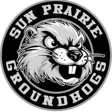 A black and white circular logo features an illustrated groundhog head in the center with "Sun Prairie Groundhogs" written around the edge.