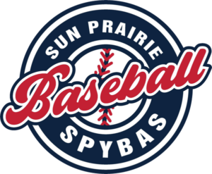 Logo for Sun Prairie Baseball with "Baseball" in red script over a white baseball, surrounded by a navy blue circle containing the text "Sun Prairie SPYBAS.