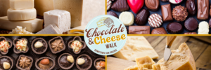 Assorted cheeses and chocolates are displayed around a "Chocolate & Cheese Walk" logo for an event in downtown Sun Prairie.