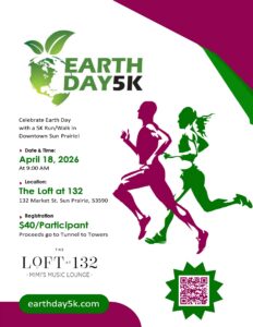 Earth Day 5K event flyer with silhouettes of a man and woman running, event details, registration fee, and proceeds information, plus a QR code and website link.