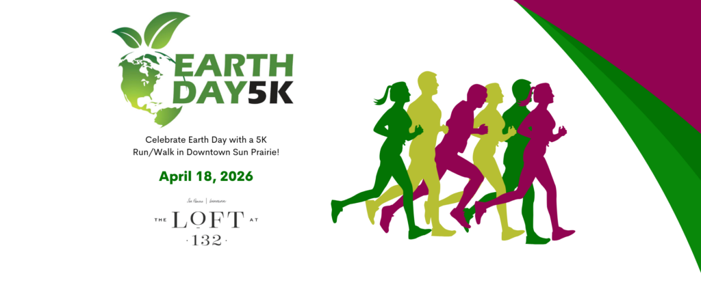 Earth Day 5K event poster with five colorful silhouettes running and event details on the left, including date, April 18, 2026, and location, The Loft at 132.