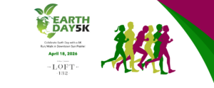 Earth Day 5K event poster with five colorful silhouettes running and event details on the left, including date, April 18, 2026, and location, The Loft at 132.