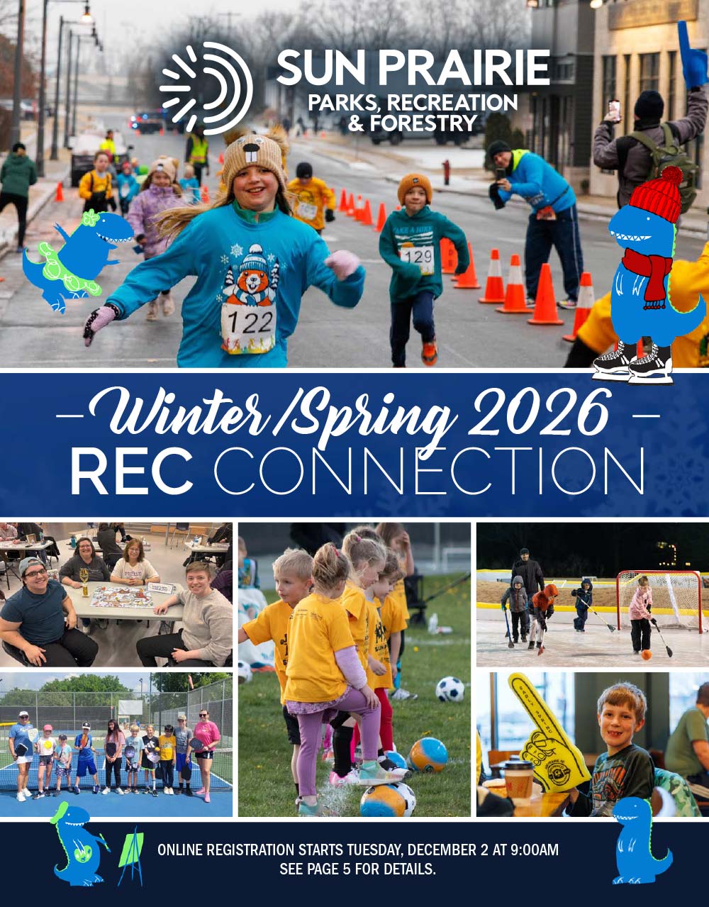 People enjoy outdoor activities at a park, with a playground, trees, a food cart, and children playing. Text promotes Sun Prairie's Summer 2025 Recreation Connection program.
