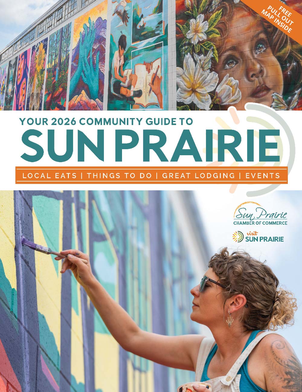 A man holding a young girl stands in a lively outdoor evening event under string lights. The image promotes the 2025 community guide to Sun Prairie.