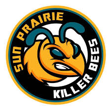 Logo for the Sun Prairie Killer Bees featuring an aggressive cartoon bee head inside a circular black, gold, and teal border.