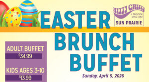 Colorful Easter brunch buffet flyer for Nitty Gritty Sun Prairie on April 5, 2026, with prices and reservation details, decorated with eggs and grass.
