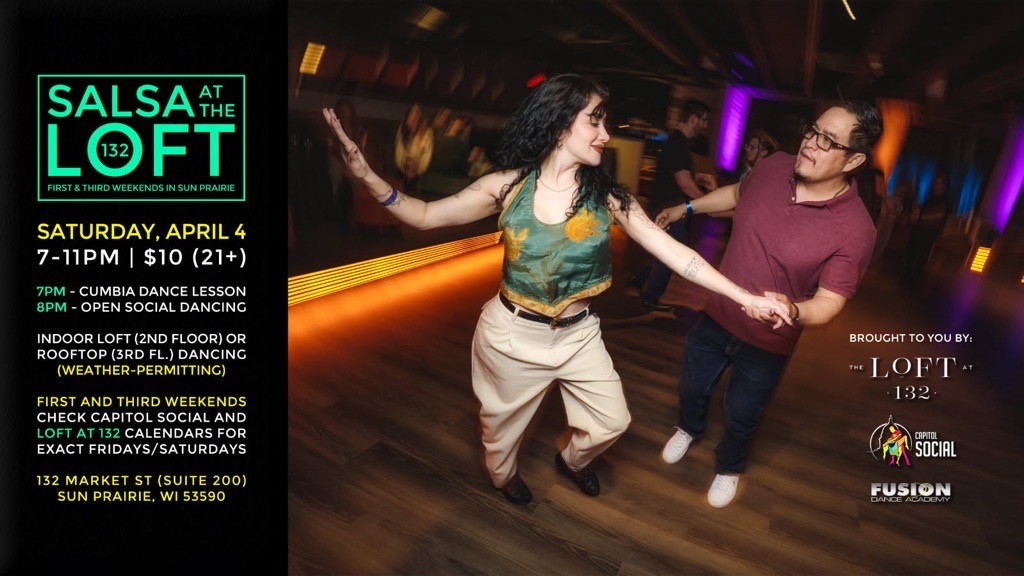 A man and woman dance together at a salsa event, with event details and logos for The Loft and Fusion Dance Academy visible around them.
