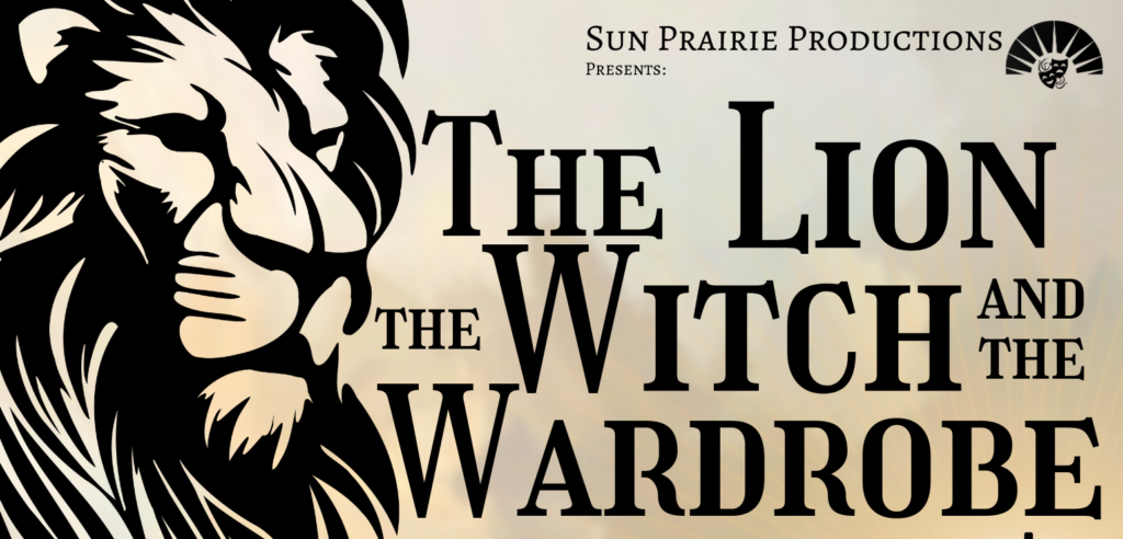 Poster for "The Lion, The Witch and The Wardrobe" play with show dates, ticket prices, a lion illustration, a lamppost, and a QR code for tickets.