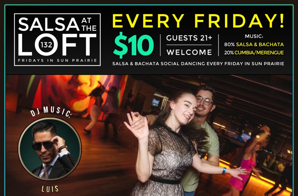 A man and woman dance salsa in a dimly lit club with other dancers in the background; event details for Salsa at The Loft are displayed, including date, price, and music genres.