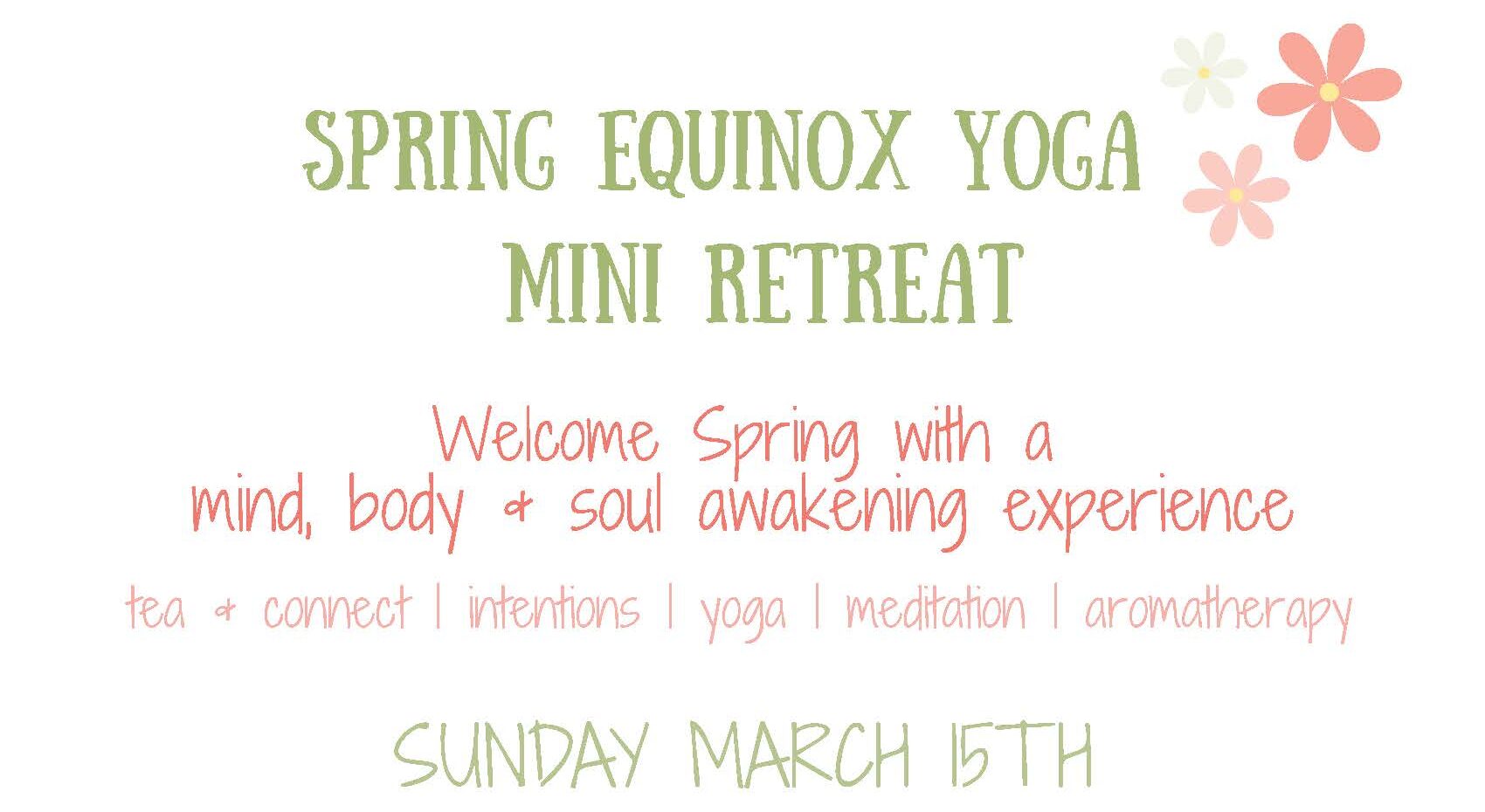 Flyer for a Spring Equinox Yoga Mini Retreat, March 15th, 6–8 PM at Running Diva Mom Studio, Sun Prairie; includes tea, yoga, meditation, aromatherapy. $50. Registration email provided.