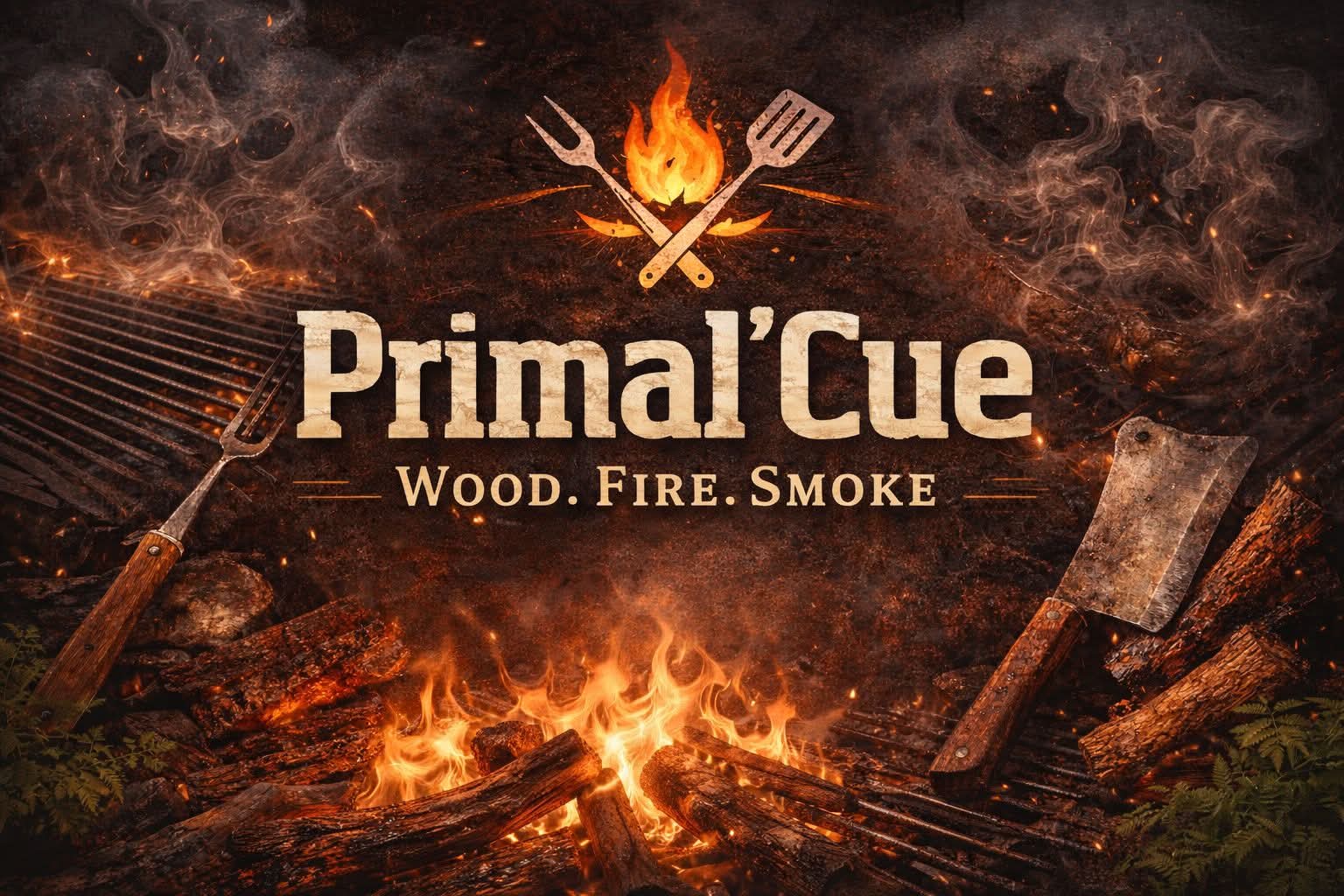 A barbecue-themed image with flames, wood, smoke, a meat cleaver, grilling tools, and the text “Primal’Cue Wood. Fire. Smoke.”.