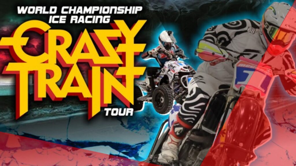 Poster for the World Championship Ice Racing Crazy Train Tour, featuring two riders in racing gear on ice motorcycles with bold event text.