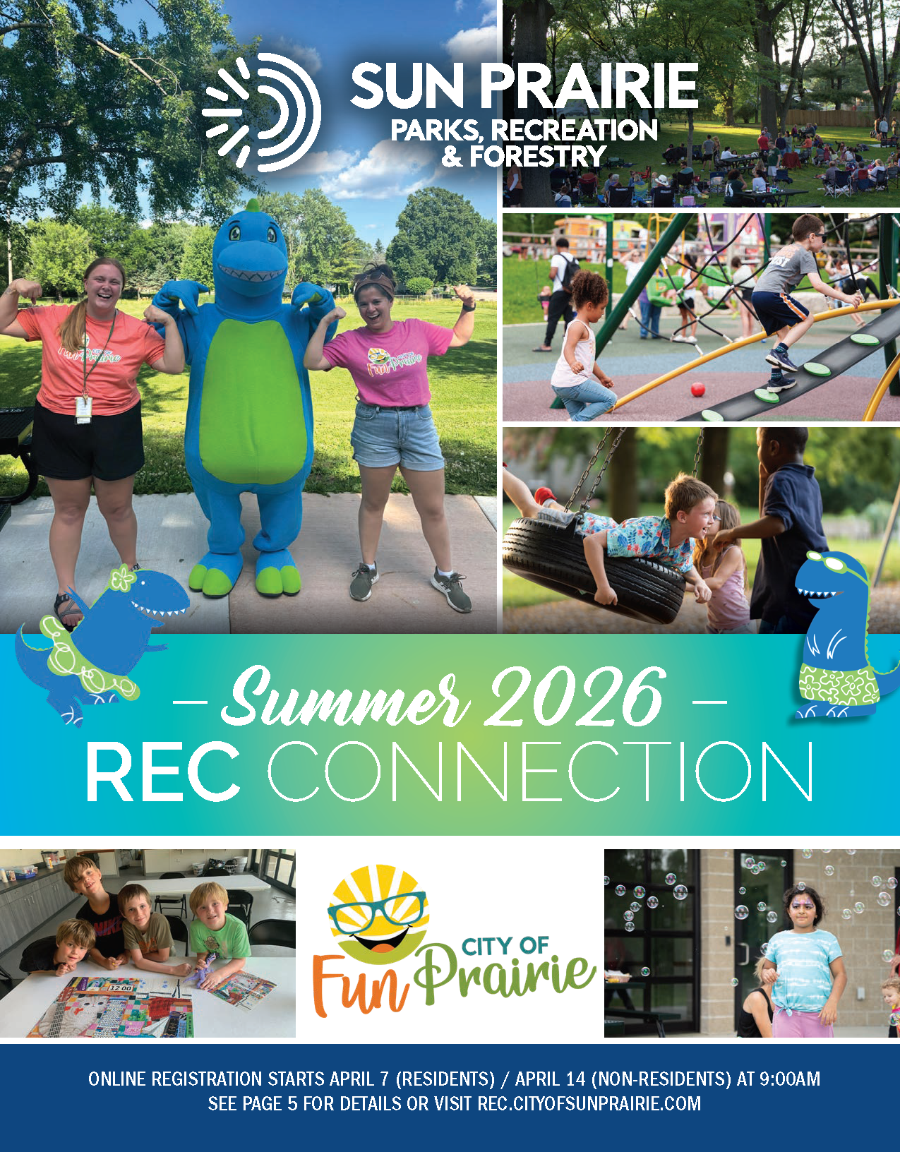 Collage of summer recreation activities, including kids playing, a person in a dinosaur costume, and families participating in events, promoting Sun Prairie Parks, Recreation & Forestry.
