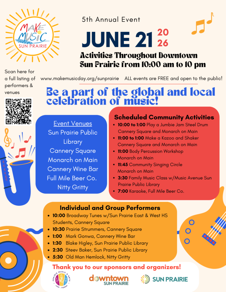 Colorful flyer for Sun Prairie's 5th Annual Make Music event on June 21, listing venues, a schedule of activities, individual and group performers, and sponsor logos at the bottom.
