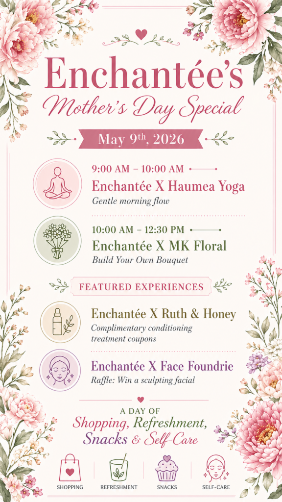 Mother’s Day event flyer with schedule for yoga, bouquet workshop, facial raffle, and complimentary beauty treatments, decorated with pink floral borders.
