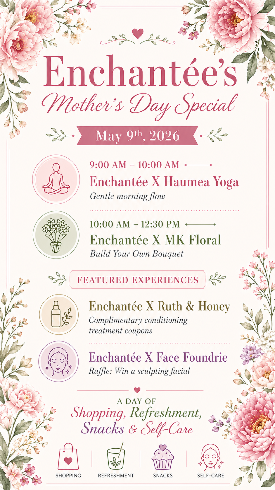 Mother’s Day event flyer with schedule for yoga, bouquet workshop, facial raffle, and complimentary beauty treatments, decorated with pink floral borders.
