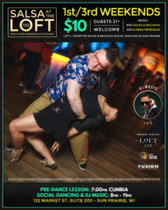 A man dips a woman while dancing at a salsa event. Event details and DJ information are displayed for Salsa at The Loft in Sun Prairie, WI, happening on first and third weekends.