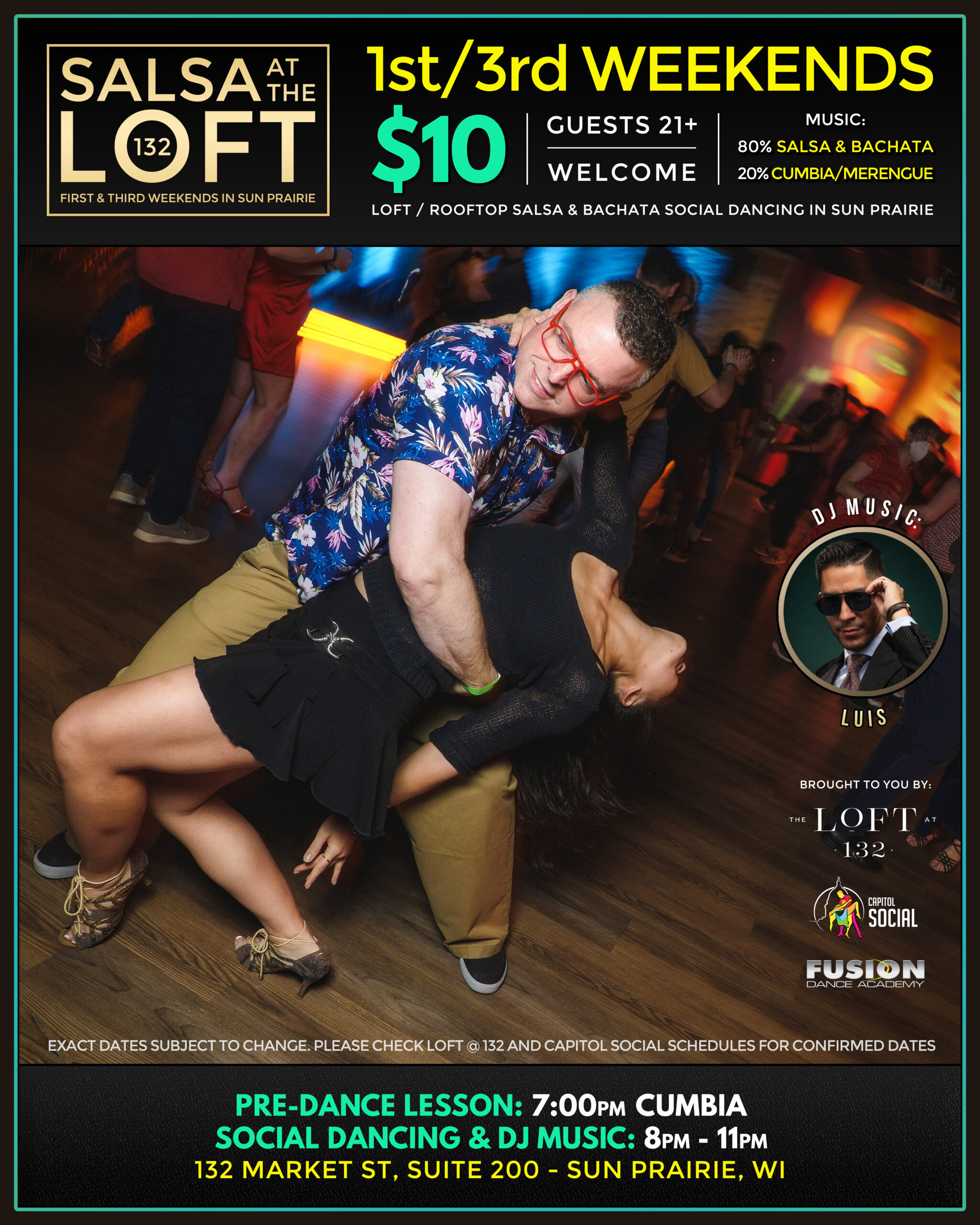 A man dips a woman while dancing at a salsa event. Event details and DJ information are displayed for Salsa at The Loft in Sun Prairie, WI, happening on first and third weekends.