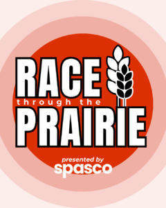 Race Through the Prairie event logo with wheat graphic, bold text, and "presented by spasco" on a red circular background.