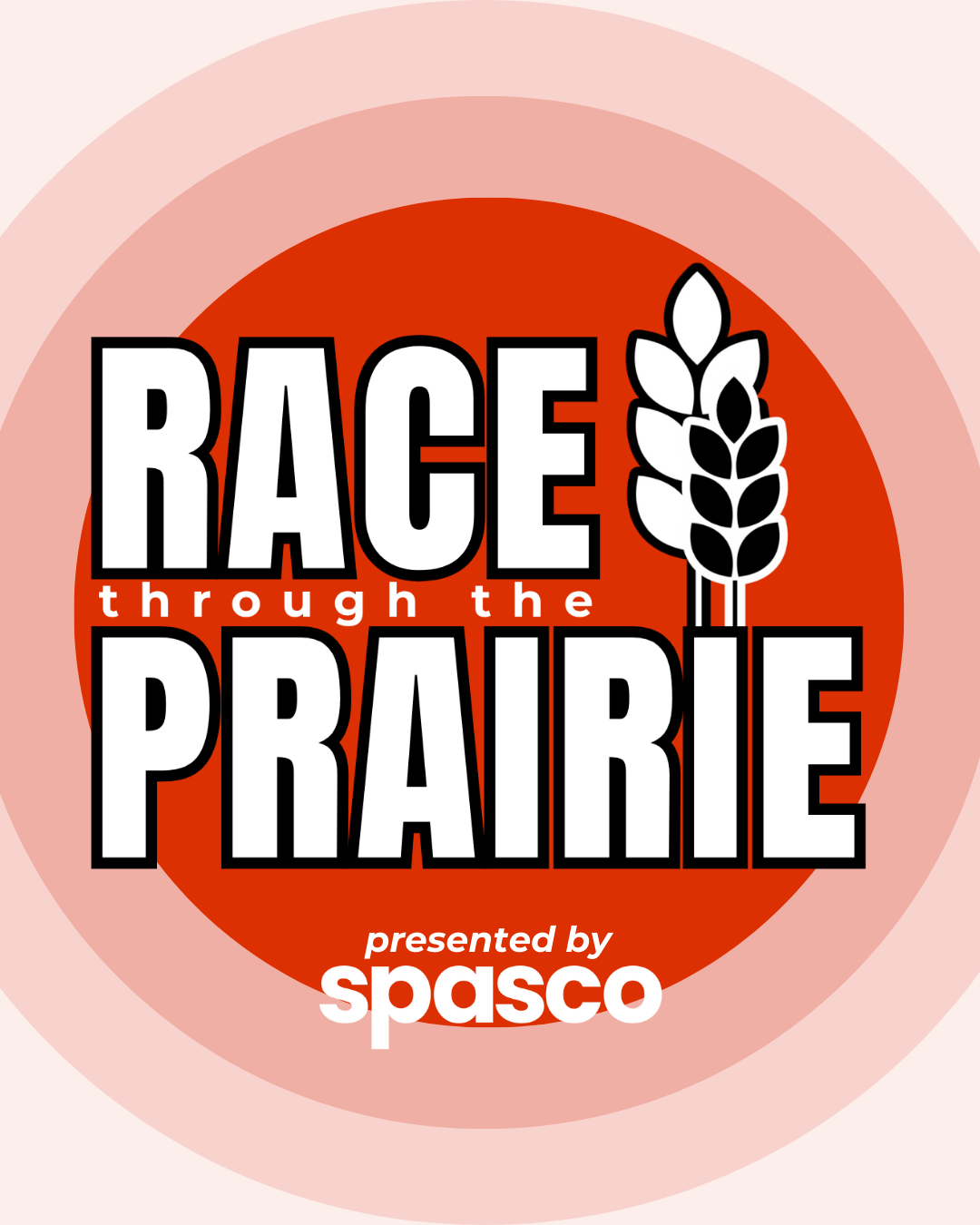 Race Through the Prairie event logo with wheat graphic, bold text, and "presented by spasco" on a red circular background.