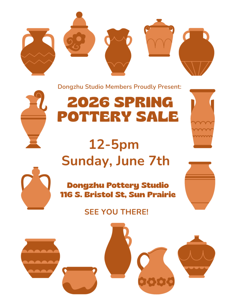 Poster for the 2026 Spring Pottery Sale with brown pottery illustrations, sale details, date, time, location, and event invitation text.