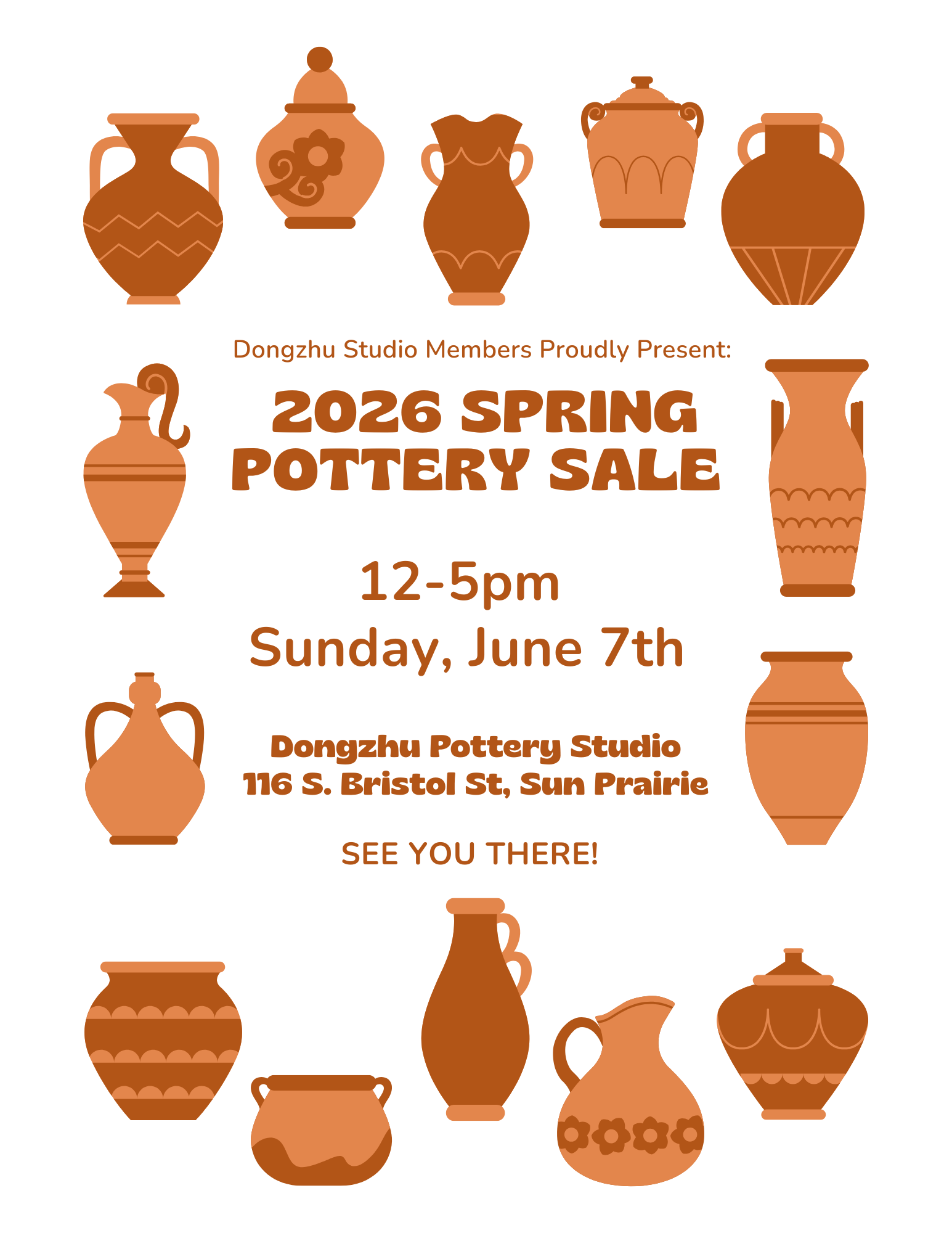 Poster for the 2026 Spring Pottery Sale with brown pottery illustrations, sale details, date, time, location, and event invitation text.