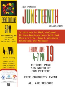 A Juneteenth event flyer with event details, date, time, location, and an explanation of Juneteenth's significance celebrating African American freedom.