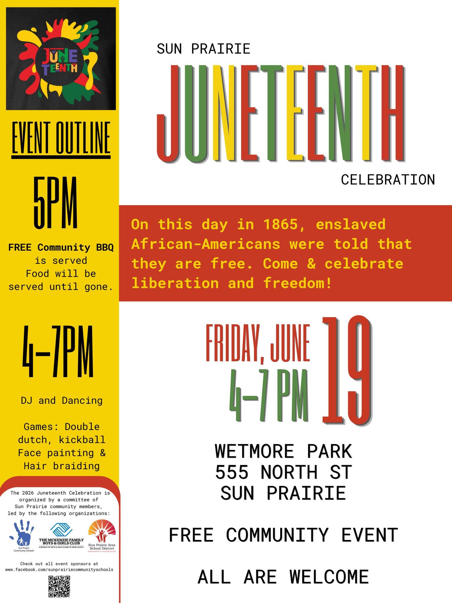 A Juneteenth event flyer with event details, date, time, location, and an explanation of Juneteenth's significance celebrating African American freedom.