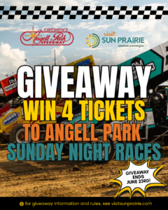 Promotional flyer for a giveaway of 4 tickets to Angell Park Sunday night races, with colorful race cars in the background. Giveaway ends June 23rd.