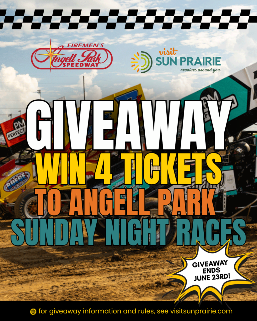 Promotional flyer for a giveaway of 4 tickets to Angell Park Sunday night races, with colorful race cars in the background. Giveaway ends June 23rd.
