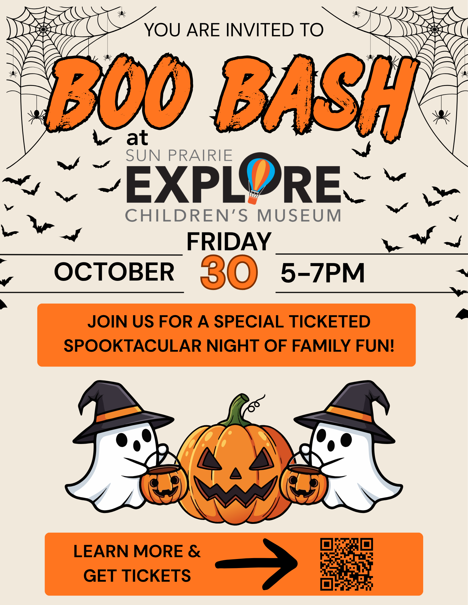 Flyer for Boo Bash at Sun Prairie Explore Children’s Museum on Friday, October 30, from 5-7PM, featuring a QR code for tickets.