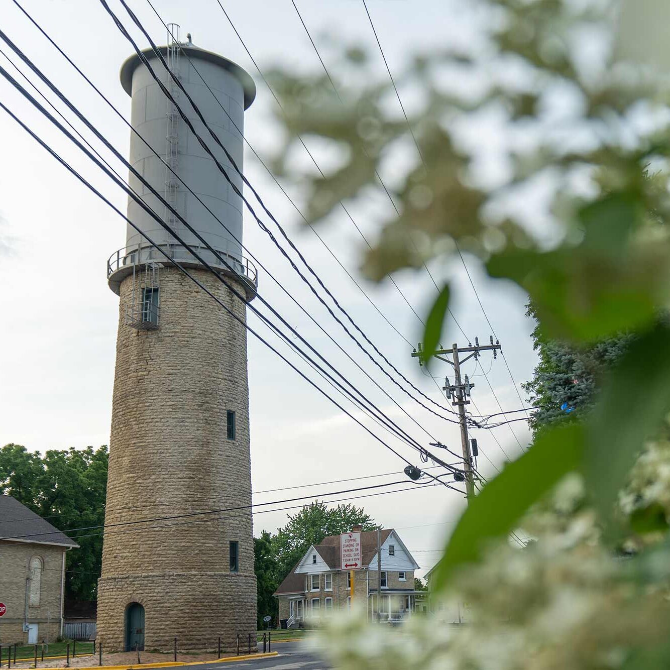 A tall, cylindrical stone tower with a metal top stands next to power lines. In the background are trees, buildings, and a cloudy sky. The foreground features blurred white flowers.